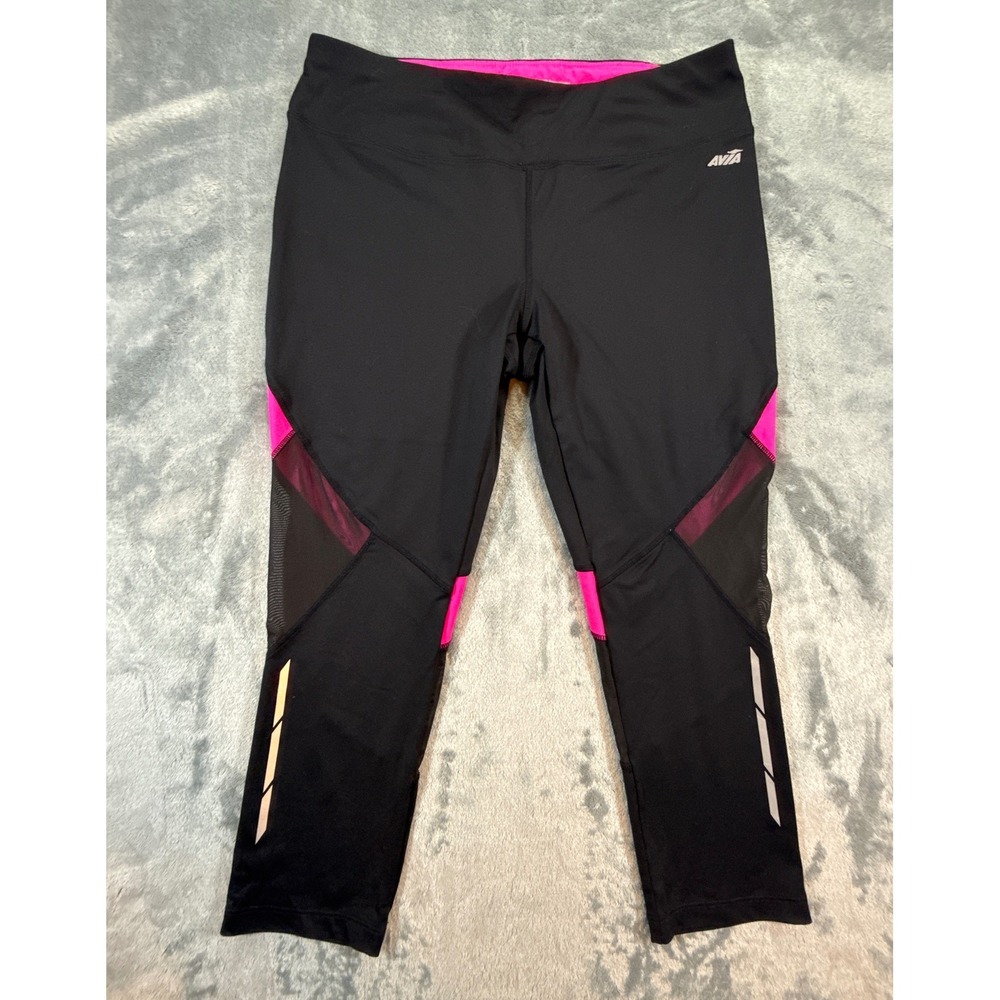 Avia Womens Black Pink Mesh Panel Cropped Leggings Size L Athleisure Yoga Sporty